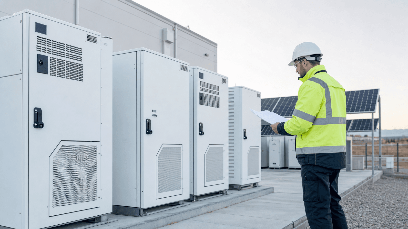 Pre-sales engineer checking technical evidence at an energy storage facility