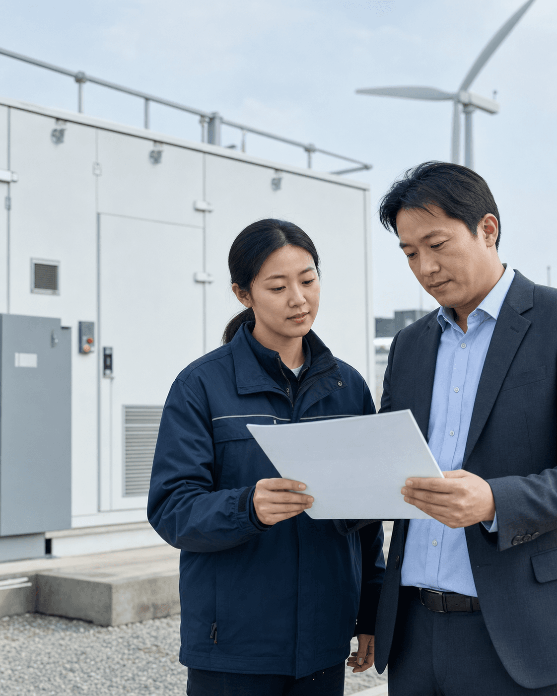 Sales professional and technical specialist reviewing buyer evidence